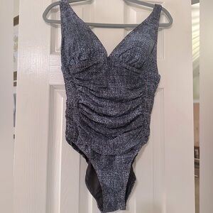 Black One Piece Swimsuit with Plunging V Neckline and Wide Straps NWOT sz L